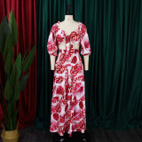EVE Print V Neck Tie Up Top Two Piece Pant Set GCZF-8469
