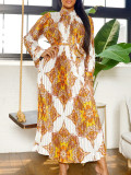 EVE Printed Long Sleeve Belt Pressed Pleat Maxi Dress GCZF-8555