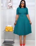 EVE Plus Size Solid O Neck Short Sleeve Pleated Dress GCZF-D028-C1