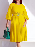 EVE Solid Color Pressed pleated Belt Loose Midi Dress GCZF-8553