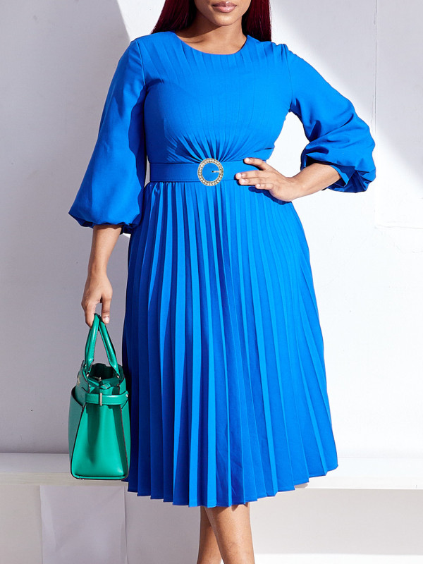 EVE Solid Color Pressed pleated Belt Loose Midi Dress GCZF-8553