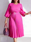 EVE Solid Color Pressed pleated Belt Loose Midi Dress GCZF-8553