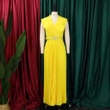 EVE Fashion Ruffled Pleated Maxi Dress(With Belt) GCZF-8486P