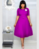 EVE Plus Size Solid O Neck Short Sleeve Pleated Dress GCZF-D028-C1