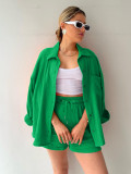 EVE Solid Color Long Sleeve Shirt Two Piece Shorts Set MIL-T107