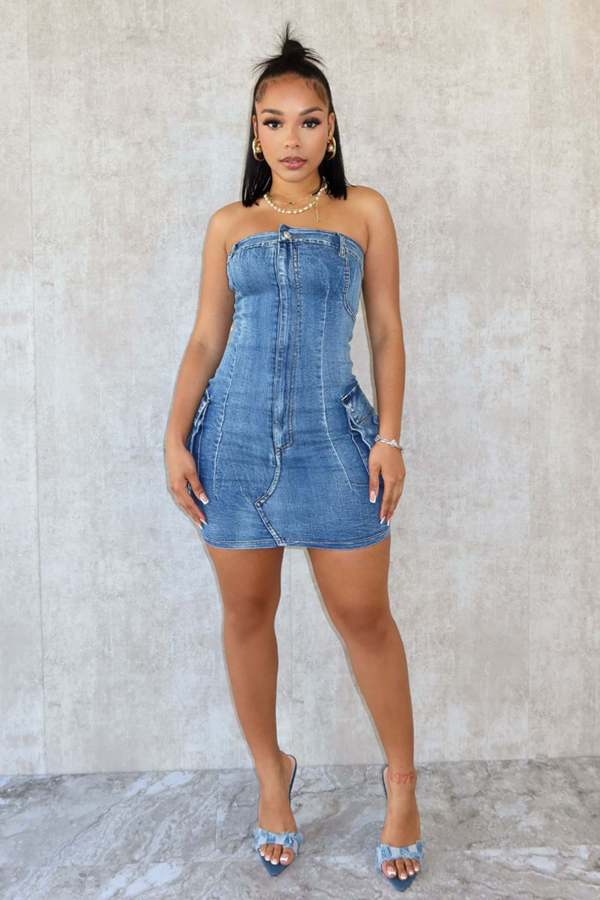 EVE Sexy Denim Tube Tops Zipper Mini Dress CM-8718