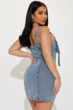 EVE Shoulder Strap Snap Adjuster Denim Patchwork Midi Dress YMEF-51090