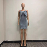 EVE Shoulder Strap Snap Adjuster Denim Patchwork Midi Dress YMEF-51090