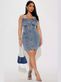 EVE Shoulder Strap Snap Adjuster Denim Patchwork Midi Dress YMEF-51090