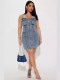 EVE Shoulder Strap Snap Adjuster Denim Patchwork Midi Dress YMEF-51090