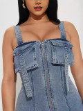 EVE Shoulder Strap Snap Adjuster Denim Patchwork Midi Dress YMEF-51090