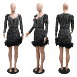 EVE Rhinestone Beads Long Sleeve Mini Dress CYA-901042