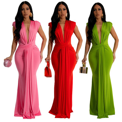 EVE Deep V Neck Short Sleeve Maxi Dress MUE-8060