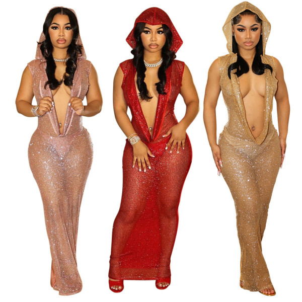 EVE Deep V Neck Sequin See Through Maxi Dress CYA-901151