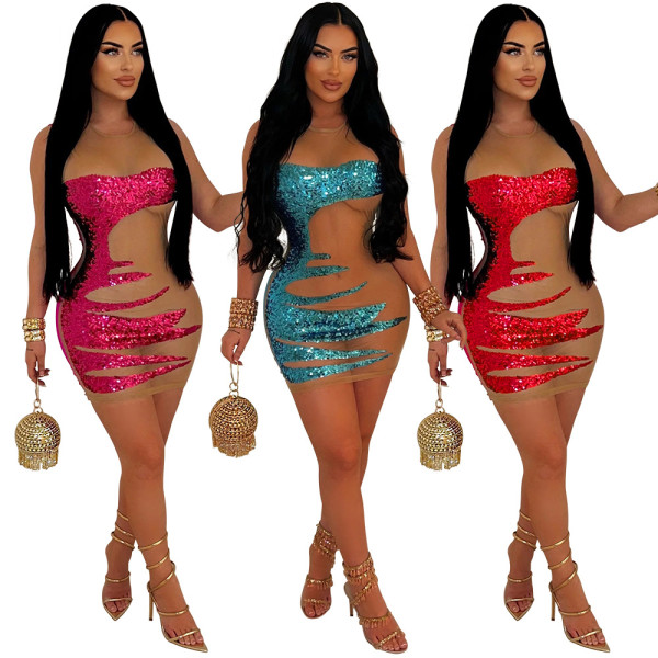 EVE Sexy Sleeveless See Through Hot Drill Mini Dress CYA-901132