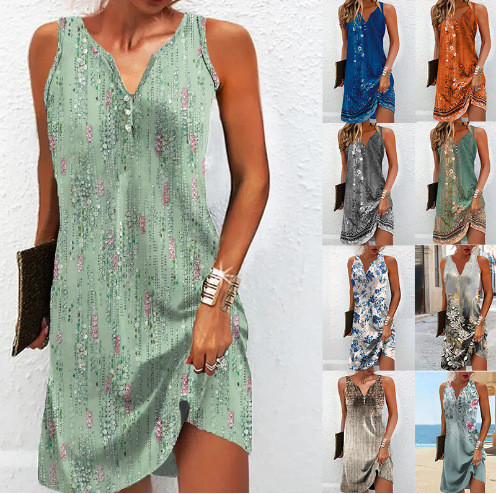 EVE Plus Size Printed Single Breasted Sleeveless V-Neck Mini Dress GYSM-W0736