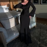 EVE Solid Color Flare Sleeve Slim Maxi Dress GYSM-W0744