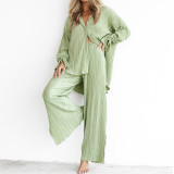 EVE Solid Color Long Sleeve Split Shirt Pants Two Piece Set GYSM-W0513