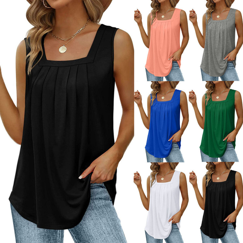 EVE Solid Color Pleated U Neck Sleeveless T Shirt GYSM-LTCX5206