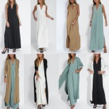 EVE Solid Color Pullover V-Neck Dress Cardigan Jacket Set GYSM-W0743