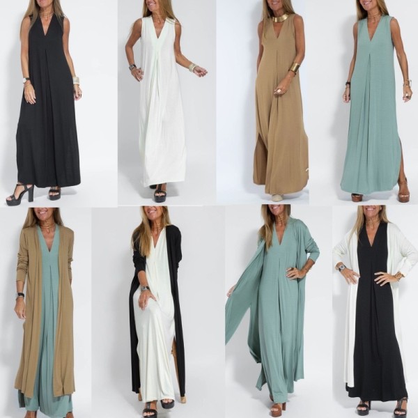 EVE Solid Color Pullover V-Neck Dress Cardigan Jacket Set GYSM-W0743