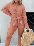EVE Casual Long Sleeve Solid Color Two Piece Shorts Set GYSM-W0741
