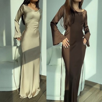 EVE Solid Color Flare Sleeve Slim Maxi Dress GYSM-W0744