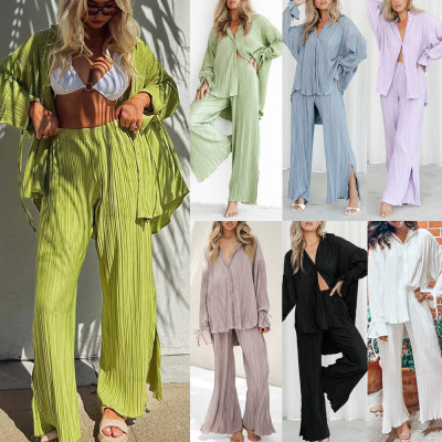 EVE Solid Color Long Sleeve Split Shirt Pants Two Piece Set GYSM-W0513