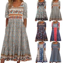 EVE Plus Size Boho Print Short Sleeve Midi Dress GYSM-W0748