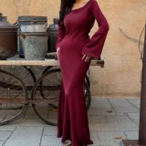 EVE Solid Color Flare Sleeve Slim Maxi Dress GYSM-W0744