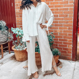 EVE Solid Color Long Sleeve Split Shirt Pants Two Piece Set GYSM-W0513