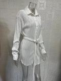 EVE Pleated Tie Belt Casual Long Sleeve Shirt Dress GYSM-W0525