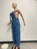 EVE Washed Denim Loose Multi-Pocket Jumpsuit Back Pants NYF-8160
