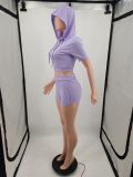 EVE Solid Color Fashion Hoodies Shorts Two Piece Set YIM-074