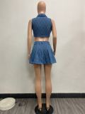 EVE Fashion Plaid Lapel Denim Two Piece Skirts Set YMEF-51095