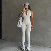 EVE Solid Sports Yoga Zip Hollow Out Backless Skinny Sleeveless Jumpsuits GLRF-LR12022