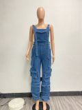 EVE Washed Denim Loose Multi-Pocket Jumpsuit Back Pants NYF-8160