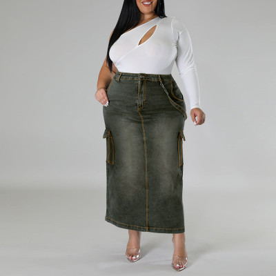 EVE Plus Size Fashion Denim Split Half-body Skirt GDAM-8007