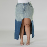EVE Plus Size Denim Woven Gradient Split Half Body Skirt GDAM-8011