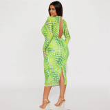 EVE Plus Size Print Long Sleeve Split Midi Dress GDAM-218365