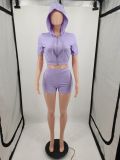 EVE Solid Color Fashion Hoodies Shorts Two Piece Set YIM-074