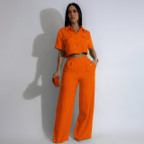 EVE Solid Lapel Short Sleeve Wide Leg Pants Casual Set SFY-441