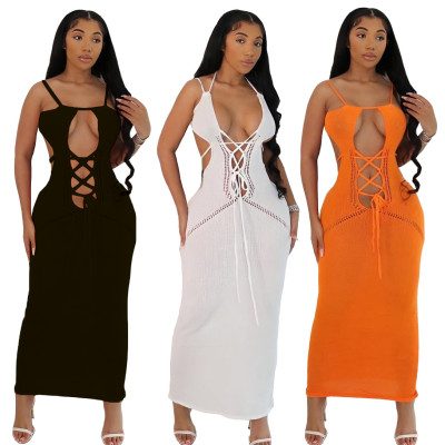 EVE Sexy Tie Up Hollow Out Backless Knit Maxi Dress MDF-5398