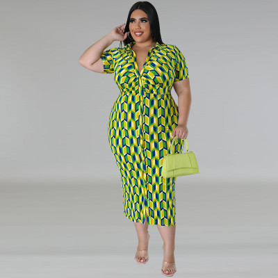 EVE Plus Size Plaid Print Lapel Midi Dress GDAM-218389