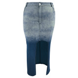EVE Plus Size Denim Woven Gradient Split Half Body Skirt GDAM-8011