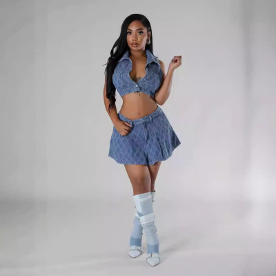 EVE Fashion Plaid Lapel Denim Two Piece Skirts Set YMEF-51095