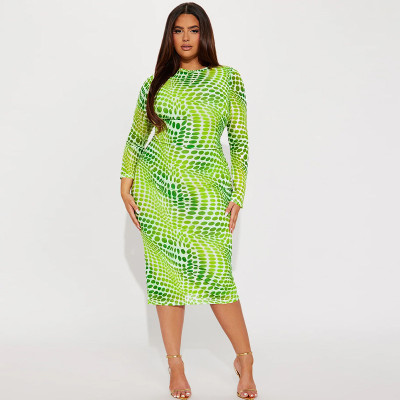 EVE Plus Size Print Long Sleeve Split Midi Dress GDAM-218365