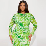 EVE Plus Size Print Long Sleeve Split Midi Dress GDAM-218365
