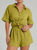 EVE Solid Color Short Sleeve Shirt Two Piece Shorts Set MIL-T112