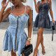 EVE Fashion Patchwork Sling Zipper Denim Midi Dress GYAN-16869